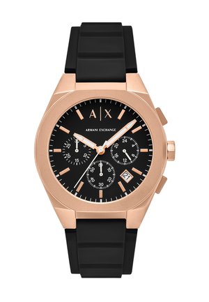 Montre chronographe à bracelet ton or rose avec cadran noir, trois sous-cadrans, guichet date et bracelet en caoutchouc noir par Armani Exchange.