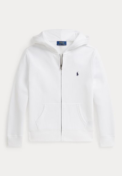 Sweat à capuche blanc zippé avec poches avant, capuche et petit logo Polo Ralph Lauren bleu marine sur la poitrine gauche.