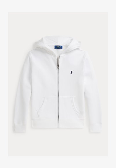 Sweat à capuche blanc zippé avec poches avant, capuche et petit logo Polo Ralph Lauren bleu marine sur la poitrine gauche.