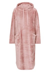 Lyserød hætteklædt oversized sweatshirtkjole lavet af blød, plys set. Den har framlommer og snøre til justerbar pasform.