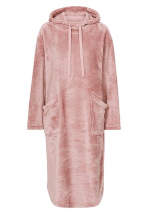 Rosa, übergroßes sweatshirtkleid mit Kapuze, gefertigt aus weichem, plüschigem Stoff. Es verfügt über Vordertaschen und einen Kordelzug für eine verstellbare Passform.