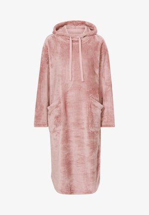 Rosa, übergroßes sweatshirtkleid mit Kapuze, gefertigt aus weichem, plüschigem Stoff. Es verfügt über Vordertaschen und einen Kordelzug für eine verstellbare Passform.