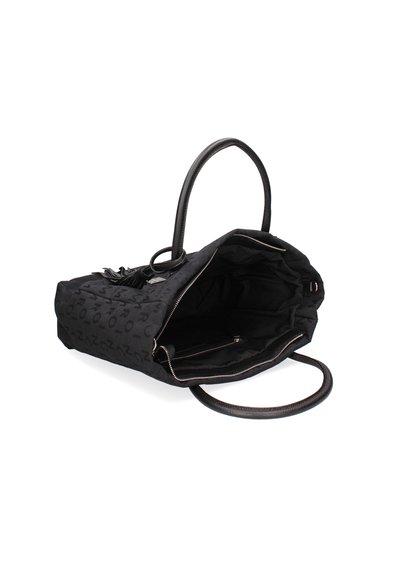 Sac fourre-tout noir avec une surface texturée, doté de deux poignées, d'une fermeture zippée et d'un intérieur spacieux avec une poche zippée supplémentaire.