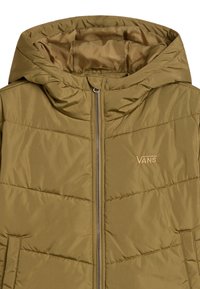 Giacca a vento verde oliva con cappuccio, caratterizzata da zip frontale, motivo a righe verticali e logo Vans ricamato in un colore chiaro.