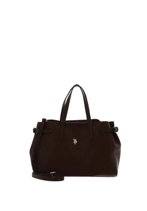 Sac à main en cuir marron foncé avec deux poignées, une bandoulière amovible et un petit logo brodé avec un cheval et un cavalier sur le devant.