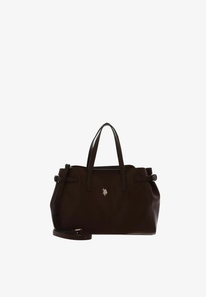 Sac à main en cuir marron foncé avec deux poignées, une bandoulière amovible et un petit logo brodé avec un cheval et un cavalier sur le devant.