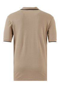 Beige lühikeste varrukatega polo särk, tekstuuriga kangas, must äär krael ja servadel. Puhta disainiga, ilma nähtavate logode või mustriteta.