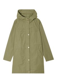 Olivgrön regnrock med huva, tryckknappar och två sidofickor. Har en rak skärning och en mjuk tygkvalitet.