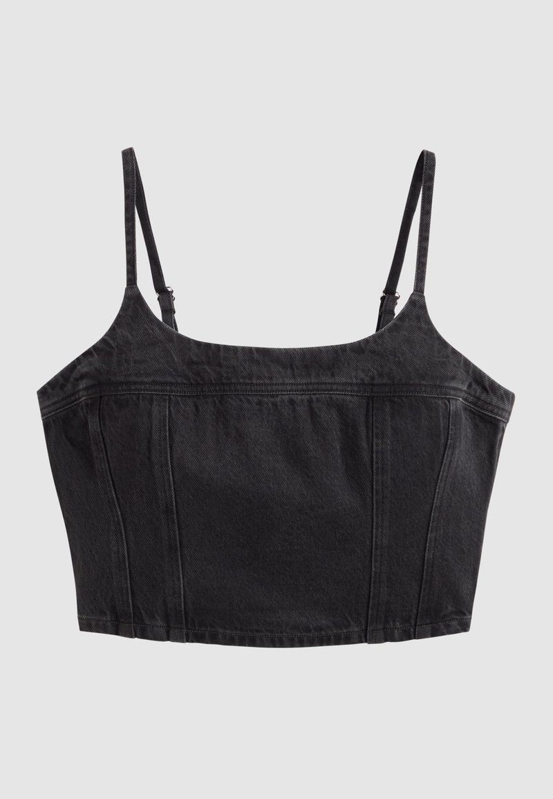 Camisole courte en denim noir avec bretelles fines réglables et coutures verticales.