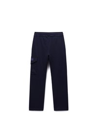 Μπλε ναυτικού τύπου παντελόνι εργασίας από μαλακό ύφασμα, με φαρδιά γραμμή, ελαστική μέση και πλαϊνή τσέπη με κλείσιμο με καπάκι.