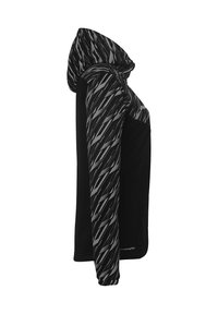 Hættetrøje med sort krop og mønstret gråt stof på hætten og ærmerne. Glat tekstur, atletisk pasform, ingen fremtrædende hardware.