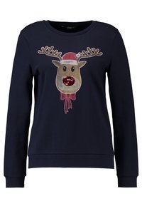 Tmavě modrá mikina s dlouhými rukávy s motivem soba, červeným flitrovým nosem a Santovou čepicí. Měkký materiál s žebrovanými manžetami.