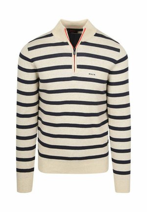 Crème- en marineblauw gestreepte trui met lange mouwen, een halve ritskraag en een klein geborduurd logo op de borst.