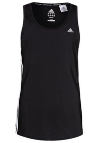 Czarny sportowy tank top wykonany z oddychającej tkaniny, z okrągłym dekoltem, dopasowany fason i białe paski po bokach.