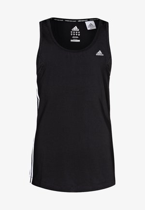 Černé sportovní tílko z prodyšné látky s kulatým výstřihem, úzkým střihem a bílými proužky po stranách.