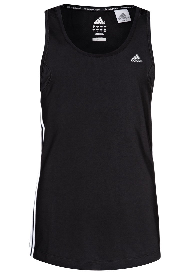 Czarny sportowy tank top wykonany z oddychającej tkaniny, z okrągłym dekoltem, dopasowany fason i białe paski po bokach.