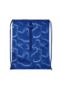 Blue drawstring bag with abstract wavy pattern. Made of lightweight fabric, featuring a central zipper and matching drawstrings.