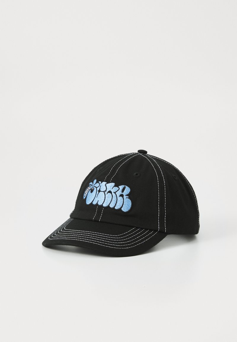Black baseball cap with blue embroidered text, featuring white stitching and a curved brim. Cotton material, structured design.