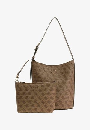 Set di borse con motivo marrone, composto da una tote più grande con tracolla piatta e una pochette più piccola con chiusura a zip.