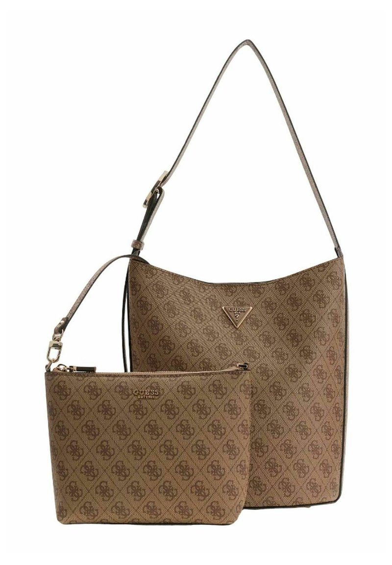 Ensemble de sacs à main à motif marron comprenant un grand cabas avec une bandoulière plate et une petite pochette avec fermeture éclair.