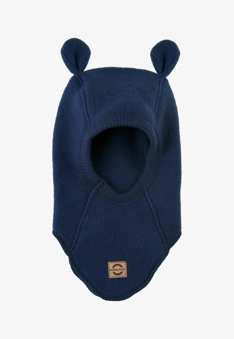 Temno modra flis balaclava z zaobljenimi ušesi, rebrastim ovratnikom in obliko romba na dnu. Ima blagovno znamko oznako spredaj.