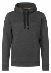 Sudadera gris con cordón, que presenta un panel texturizado en el pecho, puños acanalados y un bolsillo canguro en la parte inferior.