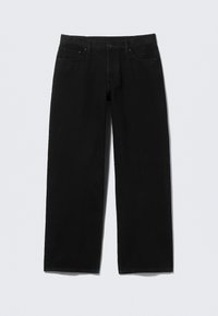 Svarte vide jeans laget av denim. Har et klassisk fem-lommer design, knapp og glidelås lukkemekanisme, samt forsterkede sømmer.