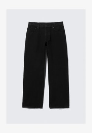 Pantalones vaqueros de pierna ancha negros, hechos de denim. Presentan un diseño clásico de cinco bolsillos, con cierre de botón y cremallera, y costuras reforzadas.