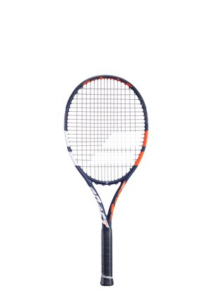 Tennisketsjer med en blå og hvid ramme, orange accenter og et textured sort greb. Har et gitter af strenge over et ovalt hoved.