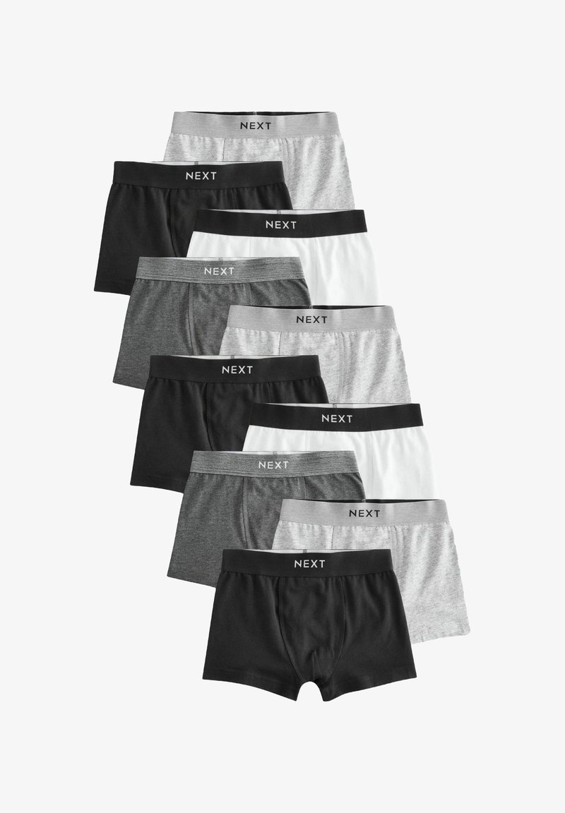Huit paires de boxers pour hommes en noir, blanc, gris clair et gris foncé, chacun avec une ceinture portant l'inscription "NEXT."