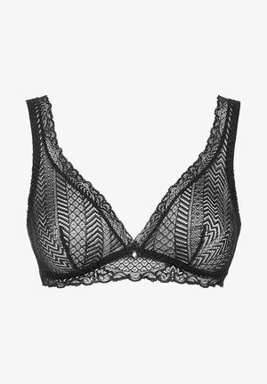 Sutien din dantelă neagră cu cupe triunghiulare, având un model geometric, margini ondulate și un mic detaliu decorativ în centru.