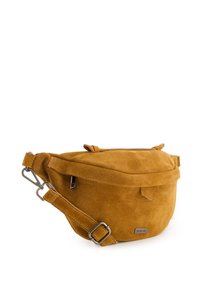 Wildleder-Fanny-Pack in Senfgelb mit runder Form. Verfügt über eine Vorderseite mit Reißverschluss und einen verstellbaren Riemen mit Metallbeschlägen.