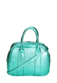 Borsa a mano turchese metallica con design strutturato, finitura testurizzata, doppi manici e tracolla rimovibile.