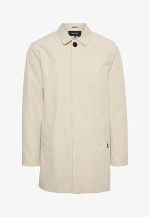 Hellbeige Regenmantel mit Kragen, Ein-Knopf-Verschluss, seitlichen Taschen und geradem Schnitt. Hergestellt aus glattem, wasserabweisendem Stoff.