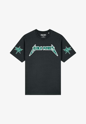 T-shirt nera in cotone con la scritta "MIRA PARIS" in lettere grasse verdi con contorni bianchi, e grafiche di stelle verdi sui maniche.