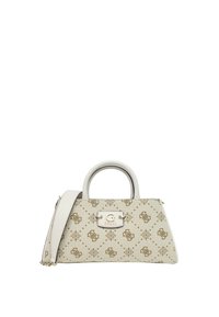 Sac à main beige au design structuré, présentant une plaque logo signature, des accents métalliques et un motif texturé sur l'ensemble.