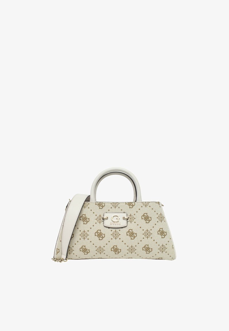 Beige håndtaske med et struktureret design, der har en signatur logo-plade, metalliske accenter og et tekstureret mønster over hele overfladen.
