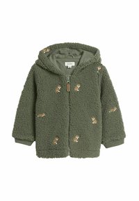 Groene fleece hoodie met geborduurde hondenmotieven, voorrits en geribbelde manchetten. Zachte textuur, oversized pasvorm en knusse uitstraling.