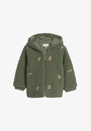 Grüne Fleece-Hoodie-Jacke mit bestickten Hundemotiven, Frontreißverschluss und gerippten Bündchen. Weicher Stoff, oversized Passform und gemütliches Design.