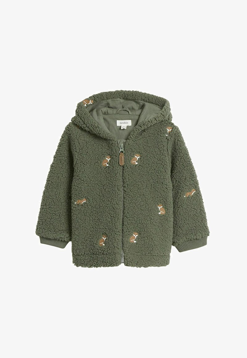 Grüne Fleece-Hoodie-Jacke mit bestickten Hundemotiven, Frontreißverschluss und gerippten Bündchen. Weicher Stoff, oversized Passform und gemütliches Design.