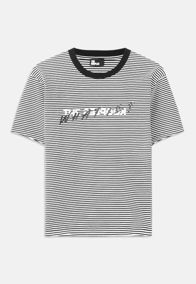 Black and white striped t-shirt with a round black neckline. Front features distorted text graphic in white and gray across the chest.