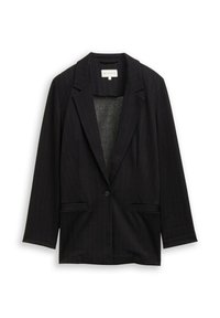 Op maat gemaakte zwarte blazer met krijtstreepjes, enkele knoopsluiting, twee voorzakken en ingesneden revers. Gladde textuur, gestructureerd ontwerp.