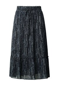 Gonna nera midi con righe verticali floreali blu e bianche, fascia elastica in vita con cordoncino e dettaglio a volant sull'orlo.