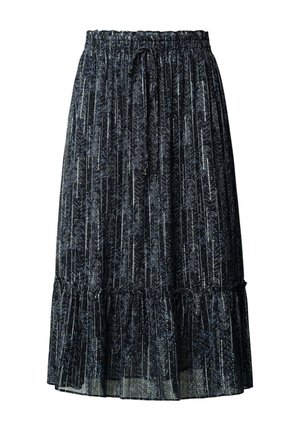Zwarte midi-rok met blauwe en witte verticale bloemenstrepen, elastische tailleband met trekkoord en ruchezoomdetail.