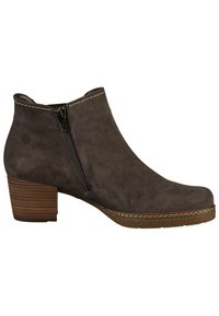 Bottine en daim gris avec fermeture éclair latérale, talon bas empilé et surpiqûres contrastantes autour de la semelle. Texture lisse et design à bout arrondi.