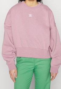 Rosa kort sweatshirt med sänkta axlar, med en liten vit Adidas-logotyp på bröstet. Bärs med gröna byxor.