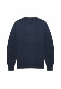 Marineblauwe sweater gemaakt van een zachte breisel, met een ronde halslijn en lange mouwen met geribbelde manchetten en onderkant.