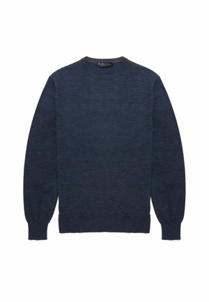 Marineblauwe sweater gemaakt van een zachte breisel, met een ronde halslijn en lange mouwen met geribbelde manchetten en onderkant.