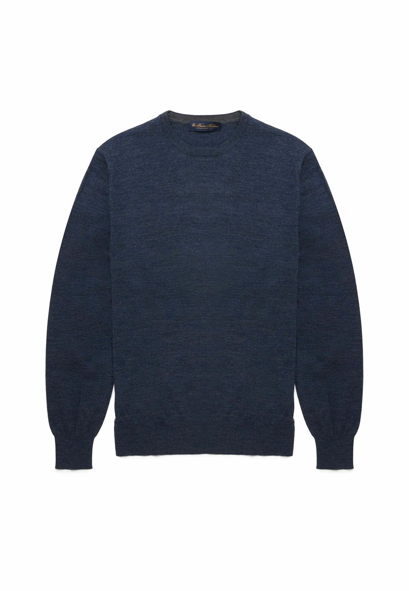 Marineblauwe sweater gemaakt van een zachte breisel, met een ronde halslijn en lange mouwen met geribbelde manchetten en onderkant.