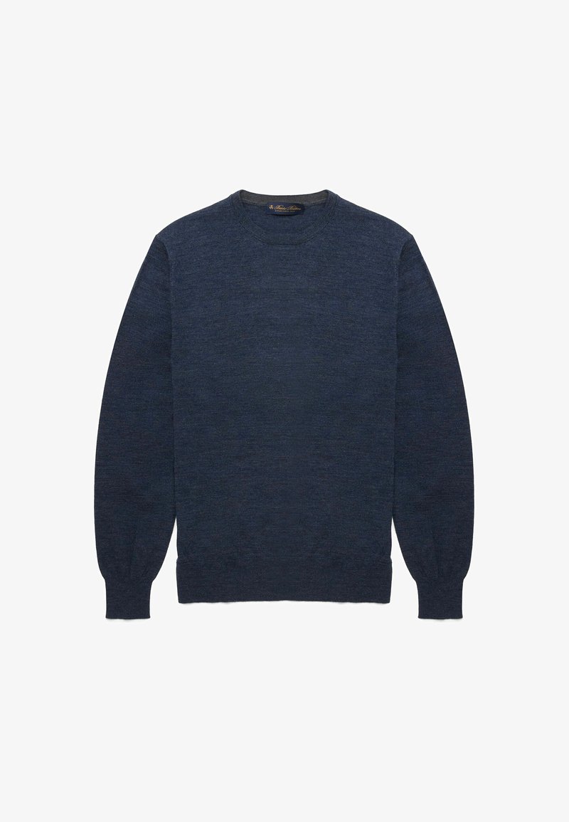 Marineblauer Pullover aus weichem Strickmaterial, mit Rundhalsausschnitt und langen Ärmeln, die mit gerippten Bündchen und Saum versehen sind.